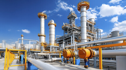 High tech fuel refinery plant complex with modern pipelines and structures under clear blue sky. intricate design showcases advanced industrial engineering and technology