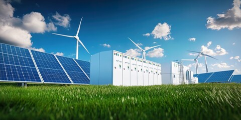 Modern energy battery storage systems, large solar power plants wind turbines, and Li-ion battery containers with blue sky and clouds. 3d rendering. Panoramic view.