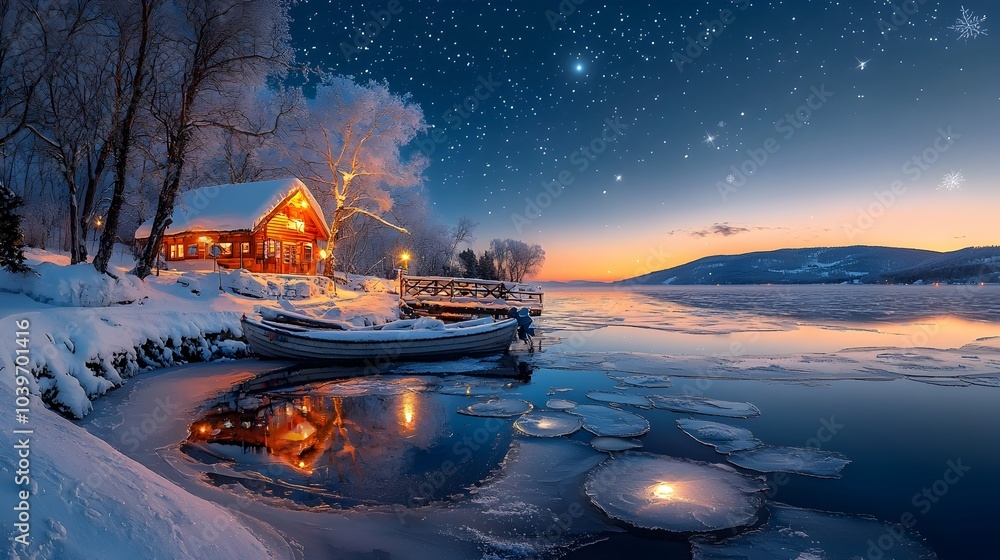 Aufkleber a captivating landscape of a frozen river its smooth surface reflecting the pale glow of distant sta