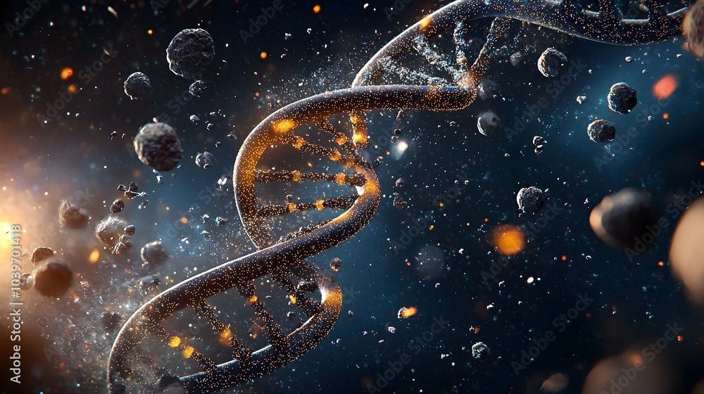 Poster A captivating image showcasing a luminous DNA helix twisting and swirling through a vibrant galaxy like background creating a mesmerizing futuristic and technologically advanced visual experience