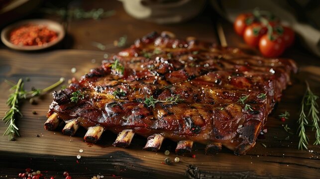 American barbecue meat Delicious bbq ribs cut on wooden desk Grilled ribeye steak meat Griling season meat serving closeup Steakhouse dinner
