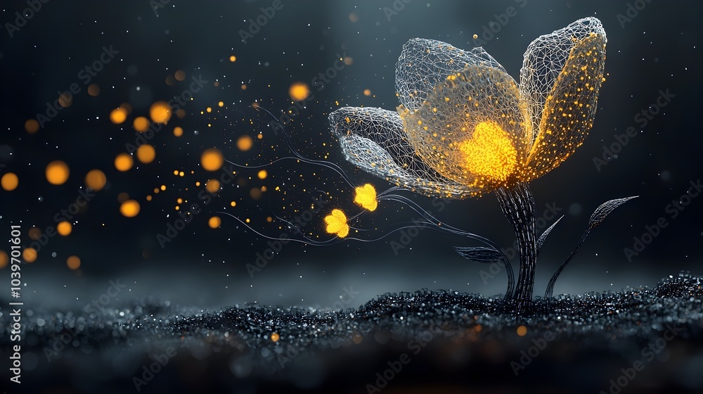 Poster A digital art rendering of a mesh flower in the dynamic stages of blooming and growth with glowing trails depicting its transformation over time
