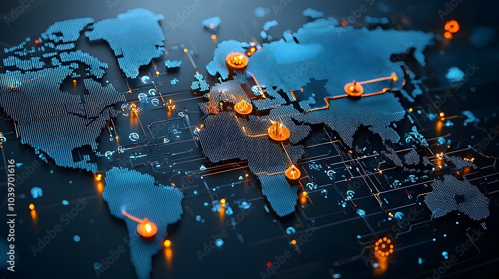 Fototapete a digital visualization of a glowing global trade network map with interconnected shipping container
