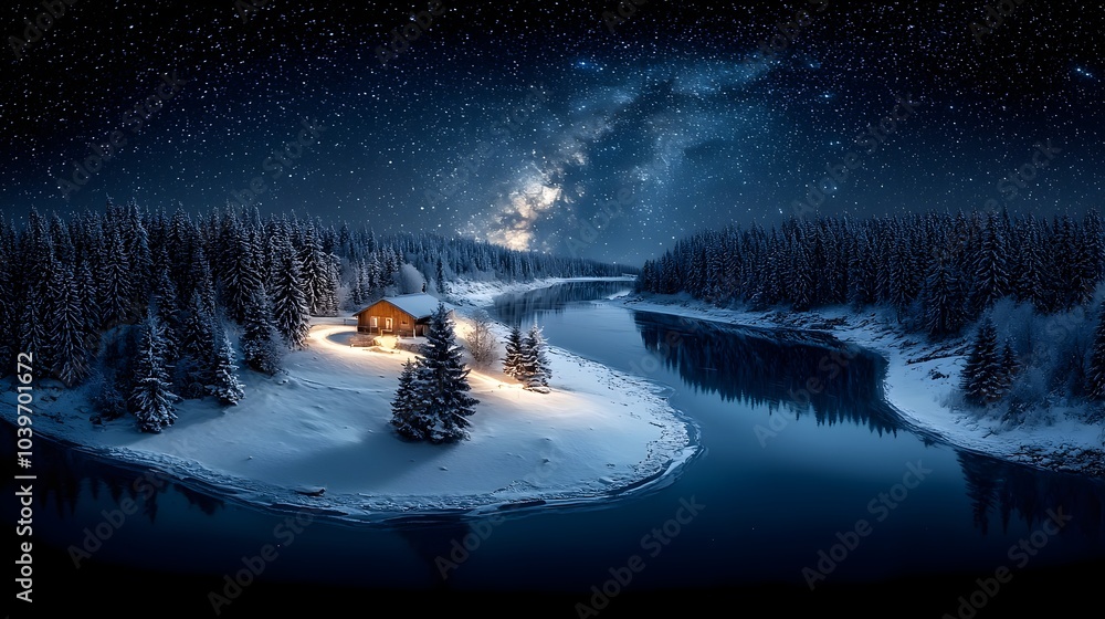 Aufkleber a frozen river reflects the ethereal glow of a starry night sky creating a serene and mesmerizing la