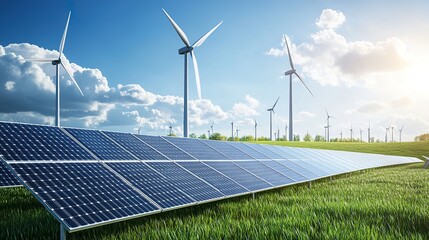 Large solar power plants wind turbines, and Li-ion battery containers with blue sky and clouds. 3d rendering. Panoramic view.