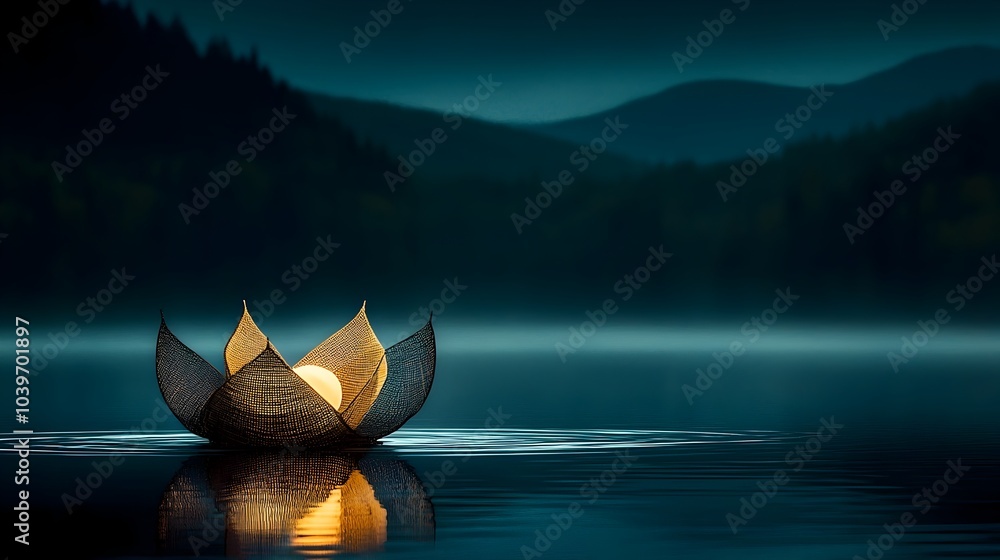 Poster a glowing ethereal mesh lotus flower gracefully floating on the surface of a tranquil reflective pon