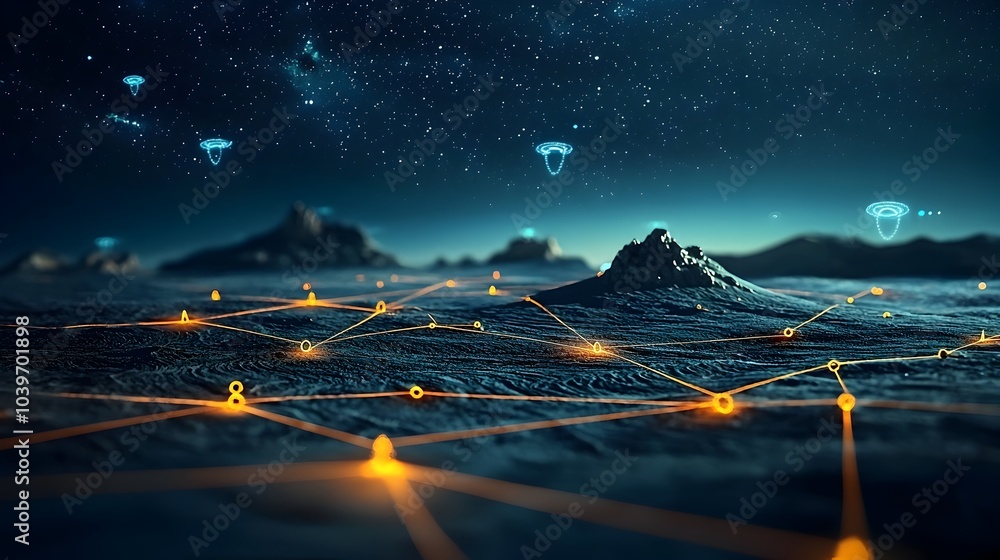Poster A mesmerizing digital artwork depicting a glowing mesh network of stars spanning across a serene night landscape creating an otherworldly and captivating scene