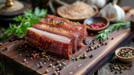 Slices of boiled smoked pork belly on a skin against the bigger piece among the different spices on the wooden cutting board close up in selective focus x000D