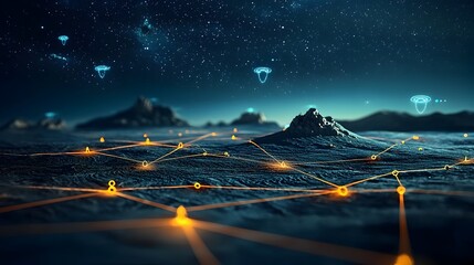 A mesmerizing digital artwork depicting a glowing mesh network of stars spanning across a serene night landscape creating an otherworldly and captivating scene