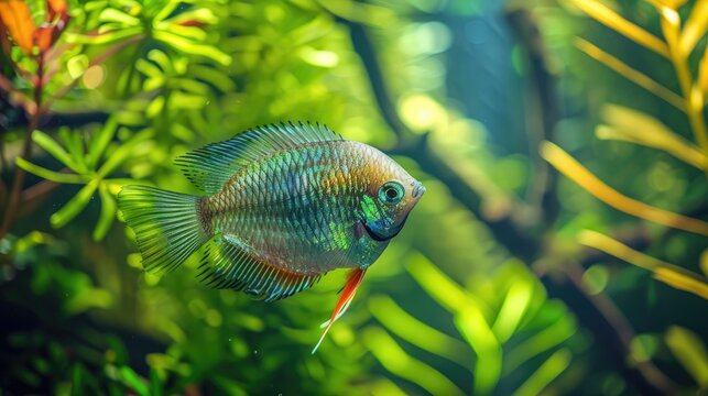 A green beautiful planted tropical freshwater aquarium with fishes Dwarf gourami Colisa lalia fish in a home aquarium lalius close up