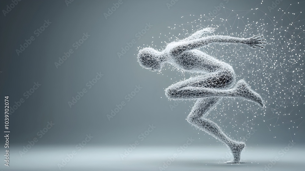 Leinwandbilder a person energetically jumping into the air leaving behind a trail of glowing mesh and digital effec