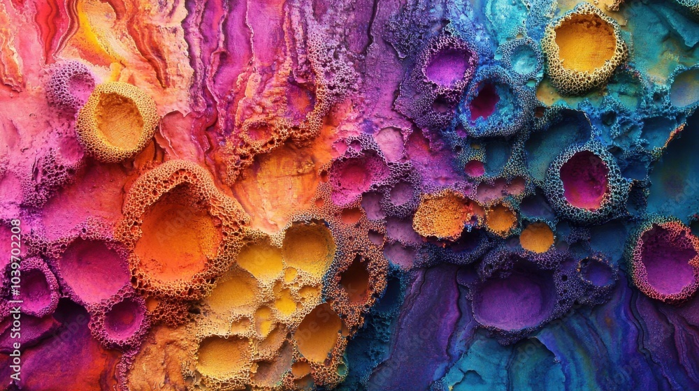 Poster Vibrant abstract landscape with a rich tapestry of colors resembling intricate textures and formations on a canvas