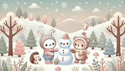 Fototapeta premium Adorable Winter Wonderland: Rabbit, Bear, and Hedgehog Building a Snowman in a Soft Pastel Forest Scene