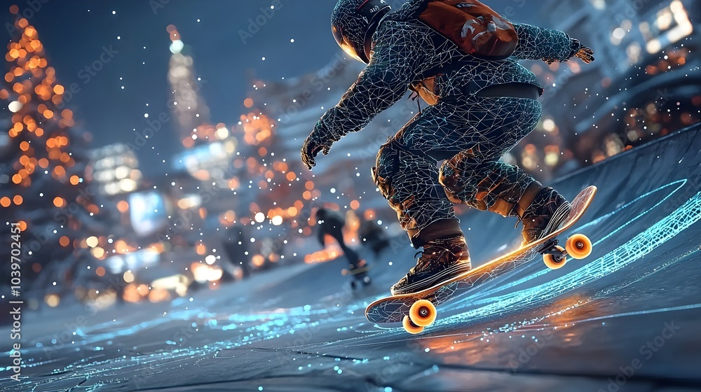 Poster a skilled skateboarder performing daring tricks as glowing mesh trails follow their dynamic movement