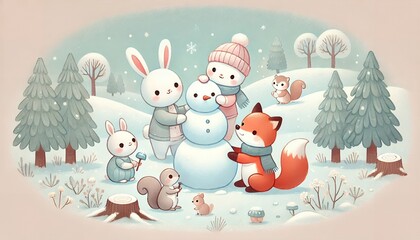 Adorable Winter Scene: Rabbit, Fox, and Squirrel Joyfully Building a Snowman in a Soft Pastel-Colored Landscape
