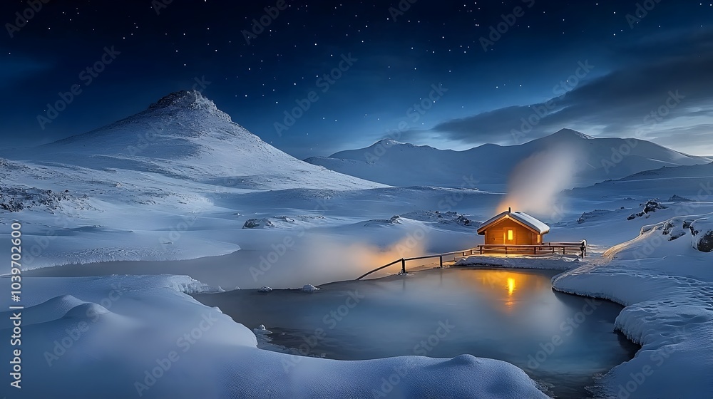Poster a steaming spring emerges in the middle of a snow covered landscape creating an ethereal and mystica