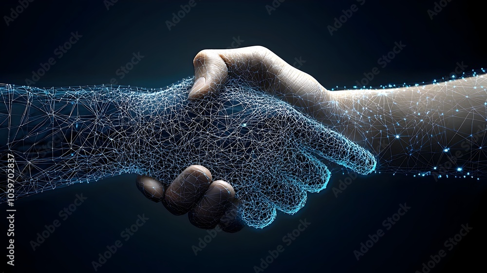 Poster a striking digital showcasing a handshake with glowing mesh lines symbolizing a powerful synergy bet