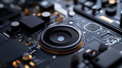 A close-up of a next-gen smartphone camera module with detailed lens and sensor components, clean desk with focus on phone technology, High-tech style