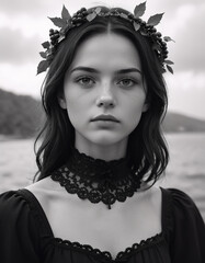 Portrait of a young woman standing on a beach with the ocean in the background, wearing a black top with and a lace choker.