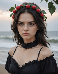 Portrait of a young woman standing on a beach with the ocean in the background, wearing a black top with and a lace choker.