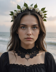Portrait of a young woman standing on a beach with the ocean in the background, wearing a black top with and a lace choker.