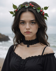 Portrait of a young woman standing on a beach with the ocean in the background, wearing a black top with and a lace choker.