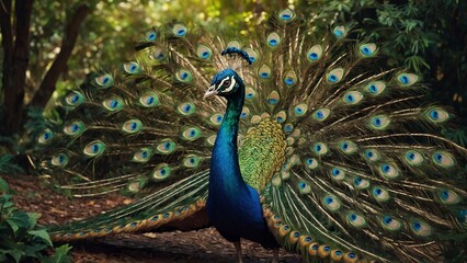 Obraz premium Clipart of an artistic peacock painting on a canvas with colorful feathers fanned out in a lush gar