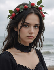 Portrait of a young woman standing on a beach with the ocean in the background, wearing a black top with and a lace choker.