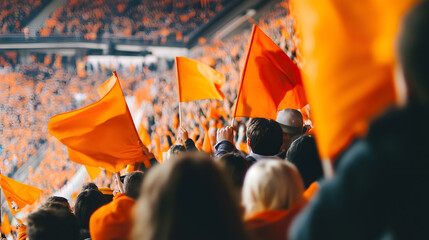 Enthusiastic crowd in a stadium waving orange flags, creating a vibrant and energetic atmosphere at a sports event.