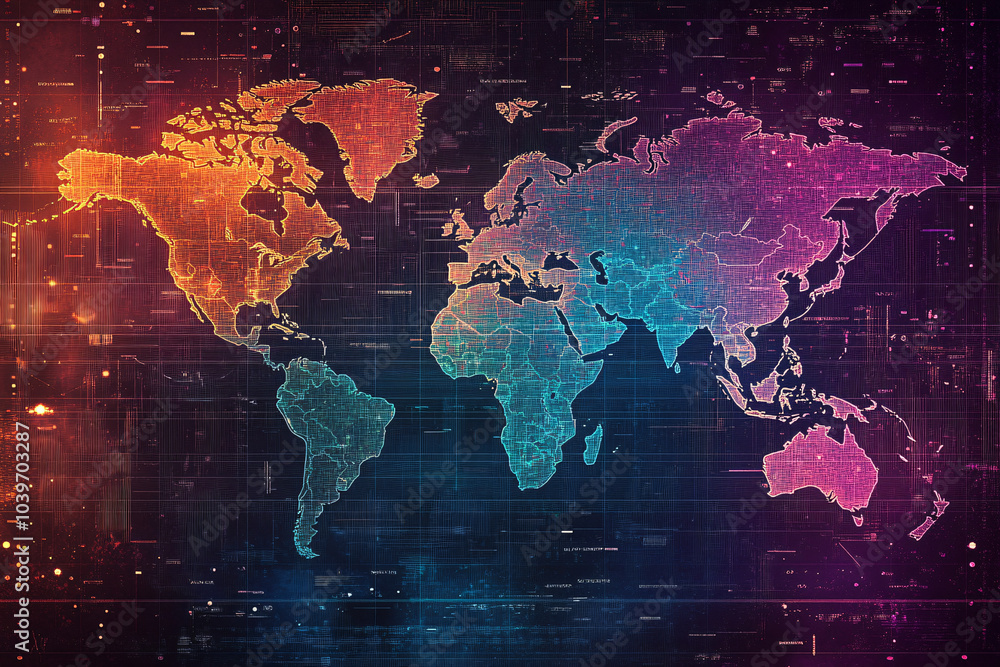 Poster a colorful digital world map showcasing data networks in vibrant hues of purple blue and orange with