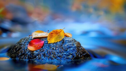 Colorful autumn beeches and aspen leaves on boulder in fall mountain stream Cold water blurred by long exposure blue reflection in water level