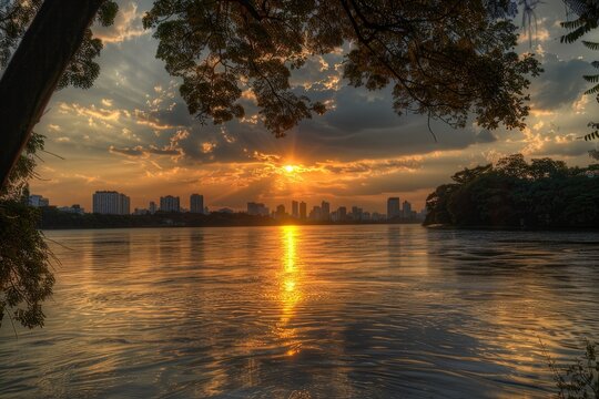 Sunset on the river Cuiaba with the city in the background