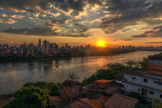 Sunset on the river Cuiaba with the city in the background
