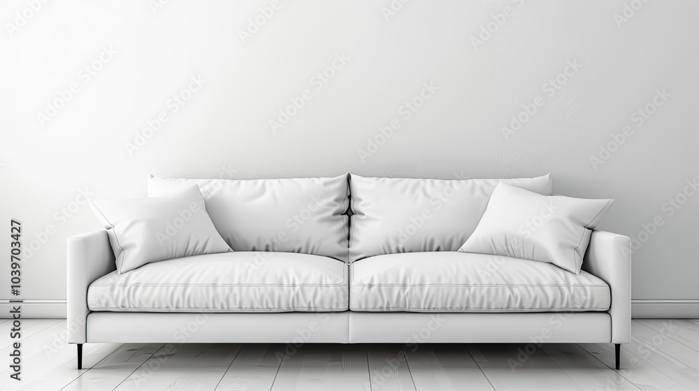 Poster horizontal view of white sofa in empty interior