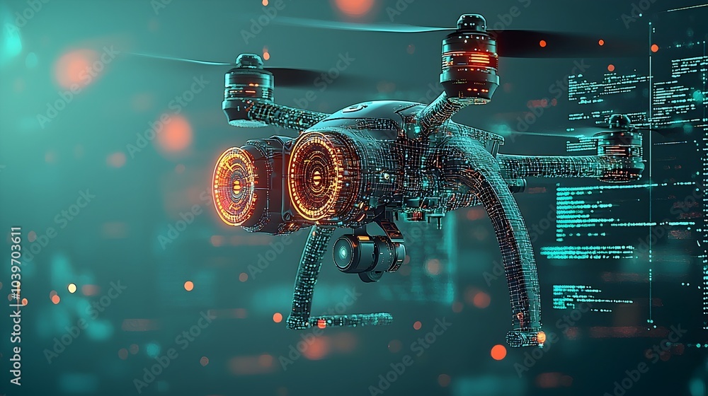 Poster aerial drone capturing a futuristic industrial zone with glowing digital data streams and mesh netwo