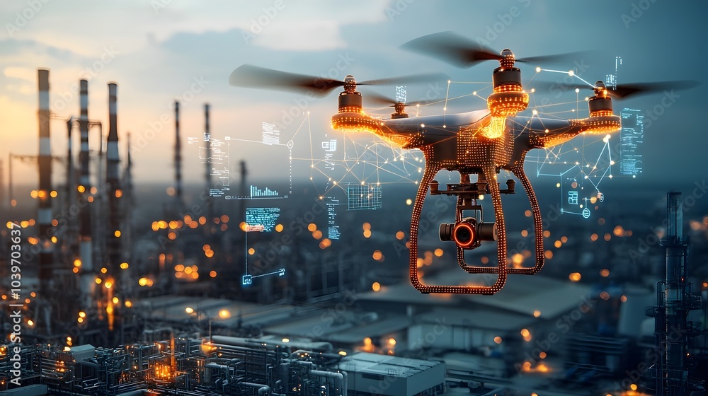 Fototapete aerial view of a drone monitoring a futuristic industrial zone with a glowing mesh of data streams a