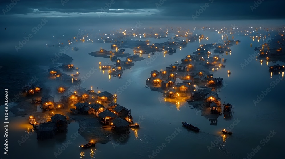 Fototapete aerial view of a captivating river delta illuminated by a glowing mesh of branching lines and veins 