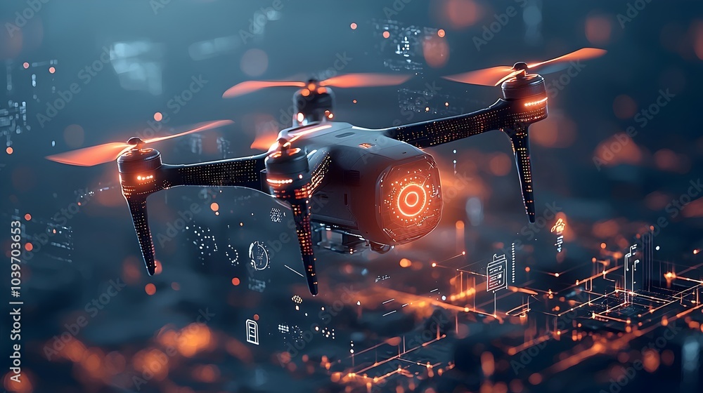 Aufkleber aerial view of a drone monitoring an industrial zone with glowing digital data streams flowing throu