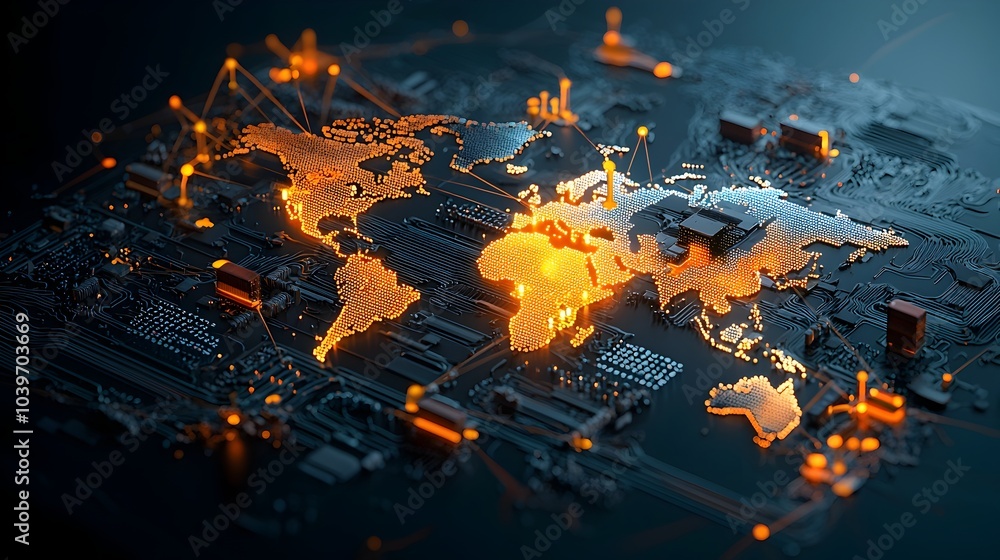 Poster aerial view of a futuristic global trade network with interconnected shipping containers symbolizing