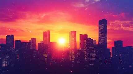 Obraz premium Vibrant Sunset Over City Skyline