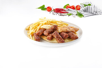 Meatball and potato plate white background.