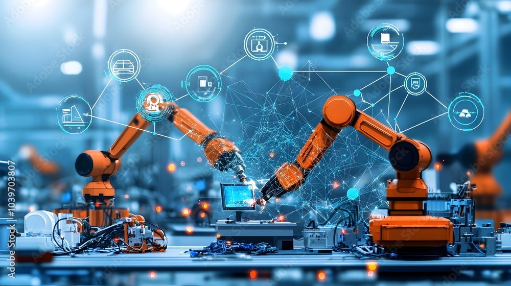 Poster Automated robotic welding machines connected in a mesh network operating in a modern car manufacturing plant showcasing advanced industrial automation and technology