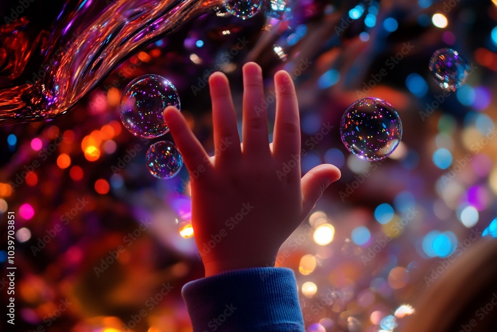 Poster a child's hand reaches out towards iridescent soap bubbles floating in the air, illuminated by a bac