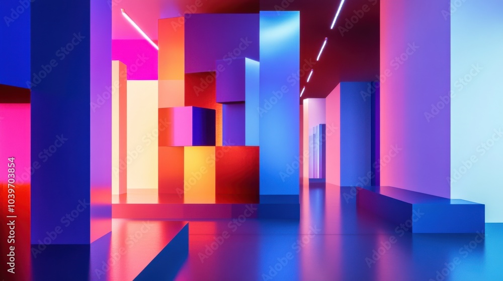 Aufkleber An abstract arrangement of building blocks in a futuristic art gallery, Blocks forming interactive installations, Futuristic artistic style