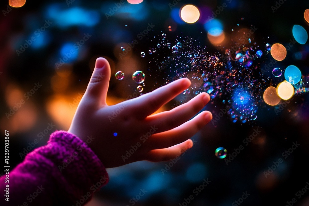 Poster a child's hand reaches out to catch colorful bubbles floating in the air, with a bokeh background of