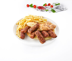 Meatball and potato plate white background.