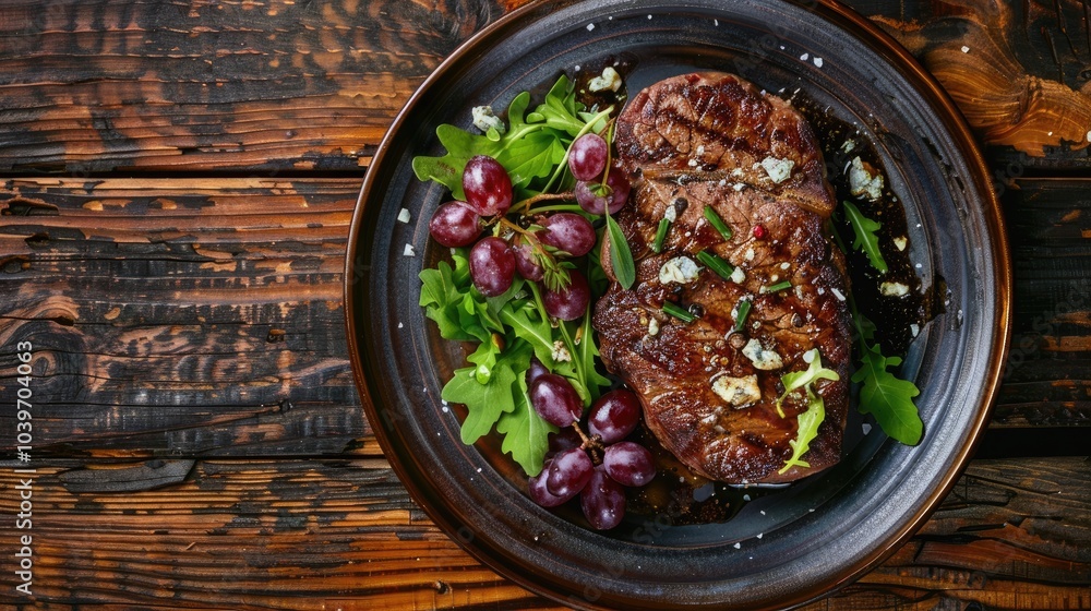 Poster fried beef steak served with salad of red grape crumbled blue mold cheese and chives on plate on dar