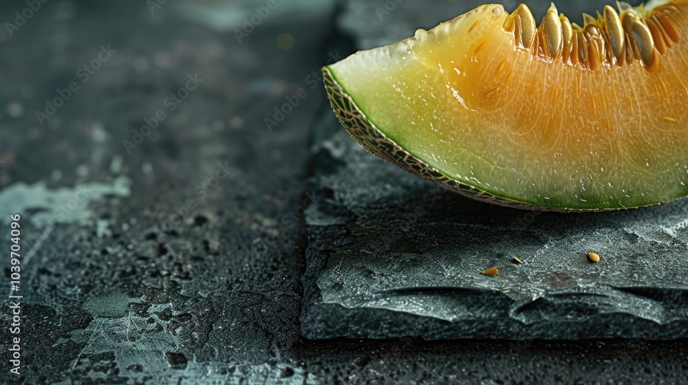 Poster Portion of Honeydew Melon on a rustic slate slab selective focus close up shot x000D