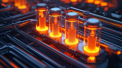 Obraz premium Advanced factory setup with glowing transparent pipelines and vibrant colors