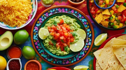 A bowl of guacamole with fresh ingredients, including avocados, limes, tomatoes, and cilantro, on a colorful tablecloth.
